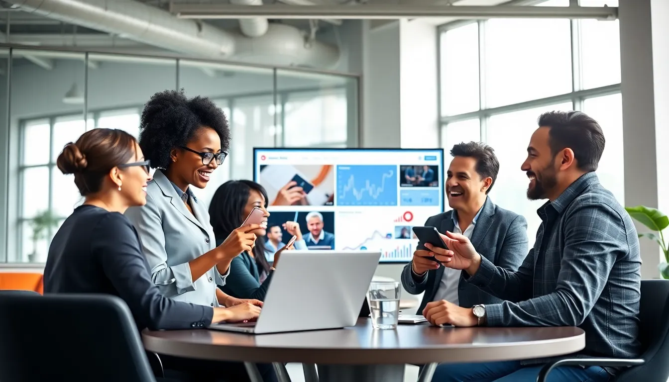 diverse marketing team collaborating on social media video strategies.