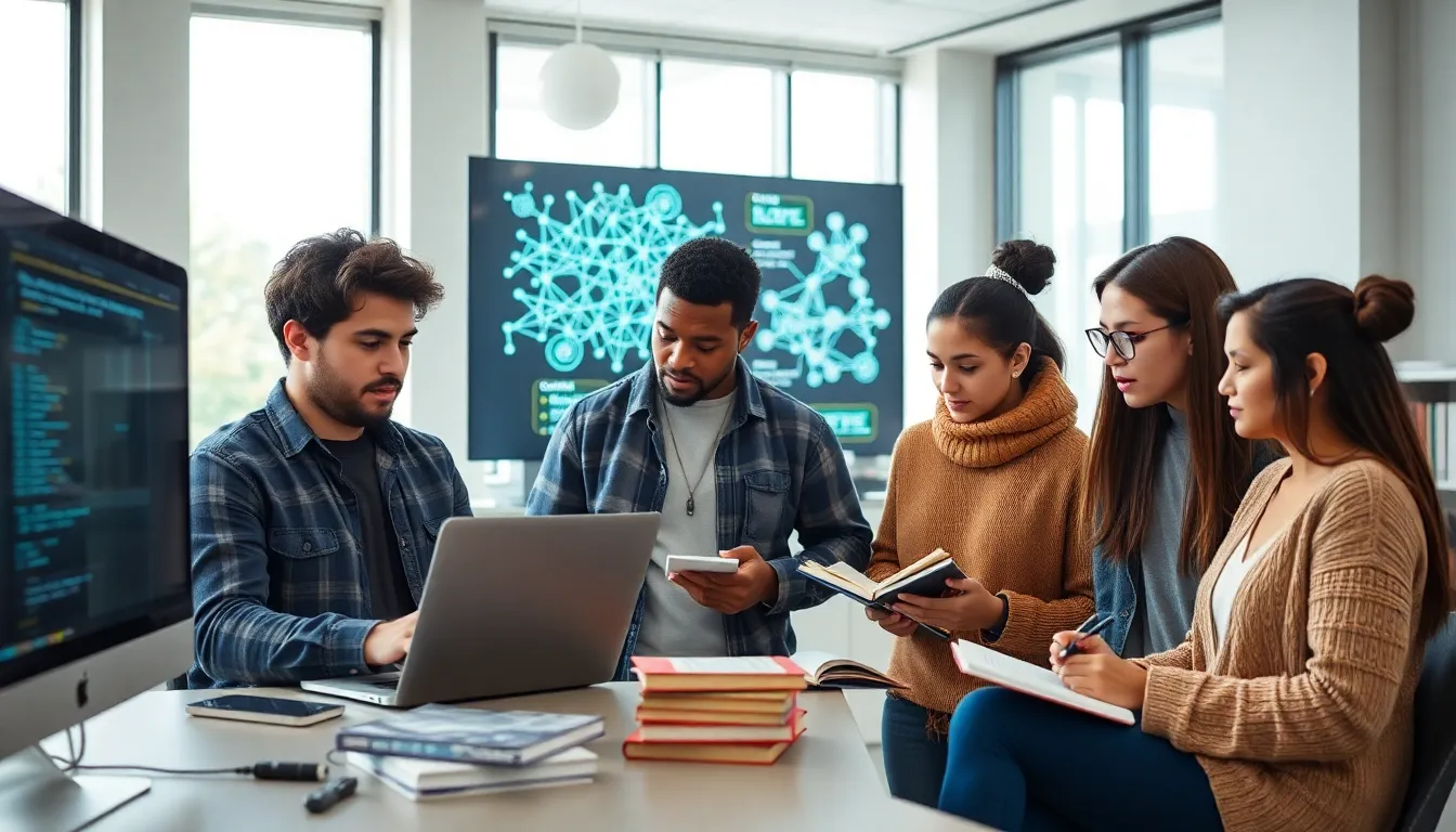 diverse students collaborating in a modern AI lab.