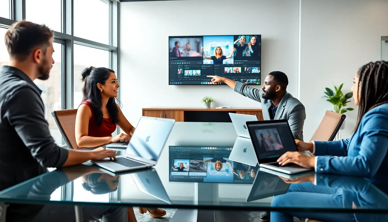 diverse video editing team in a modern office setting.