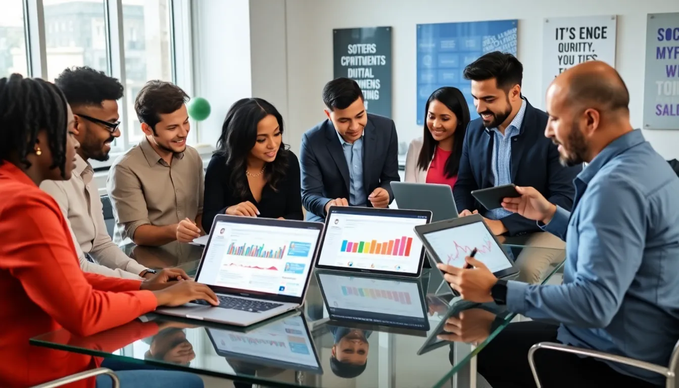 diverse team of social media marketing experts in a modern office.