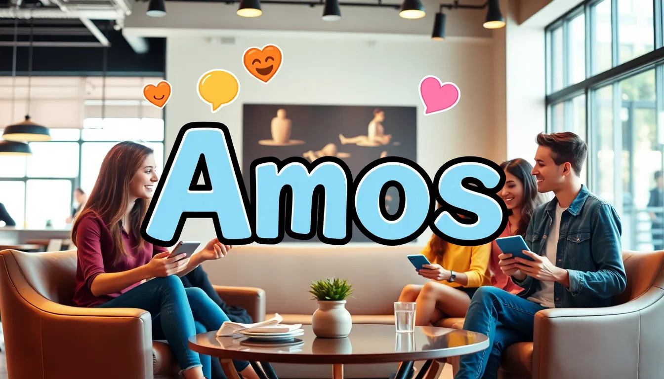 young adults discussing social media slang in a modern coffee shop.