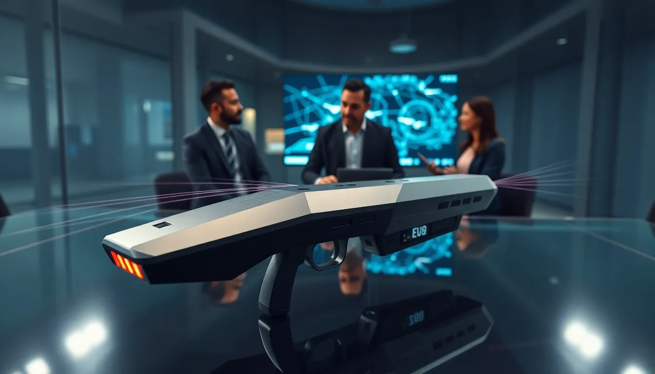 futuristic EMP gun for disrupting drones in a high-tech setting.
