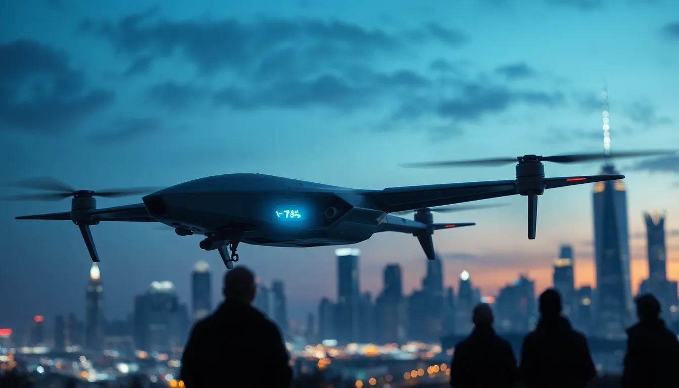futuristic murder drone in a high-tech urban setting.