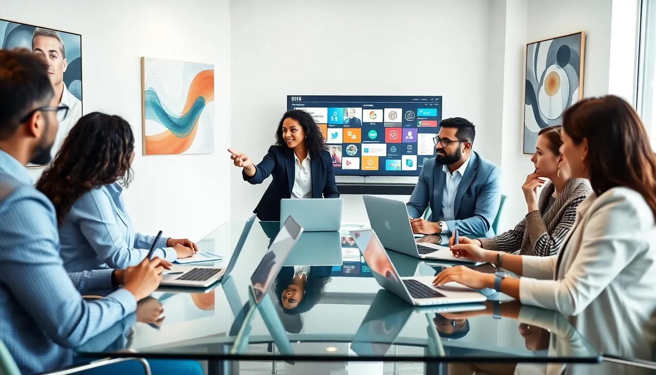 diverse professionals collaborating on social media strategies in a modern office.