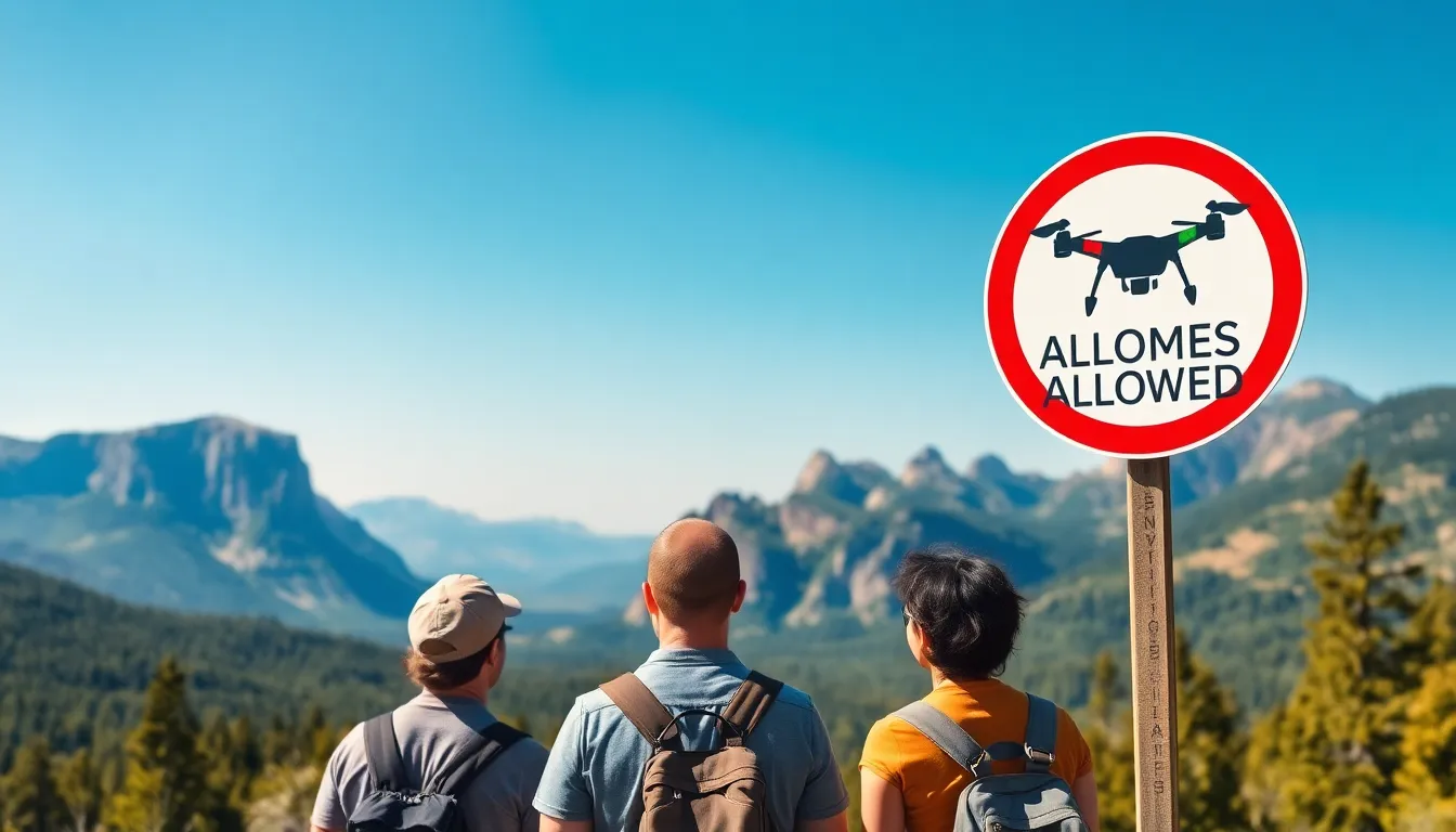 visitors enjoying a national park with a 'No Drones' sign.